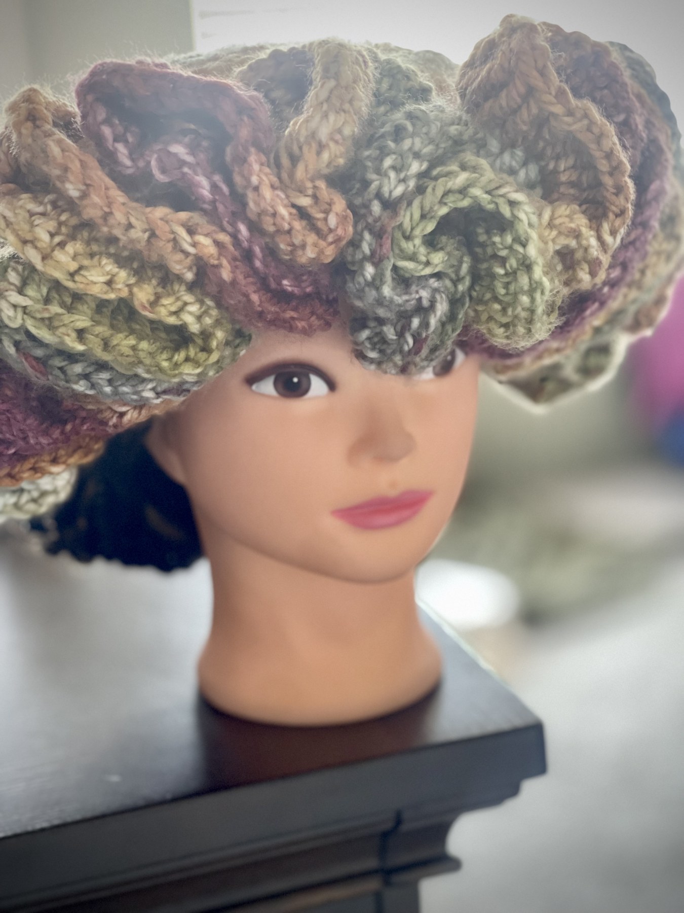 Three-quarter view of the handmade hat