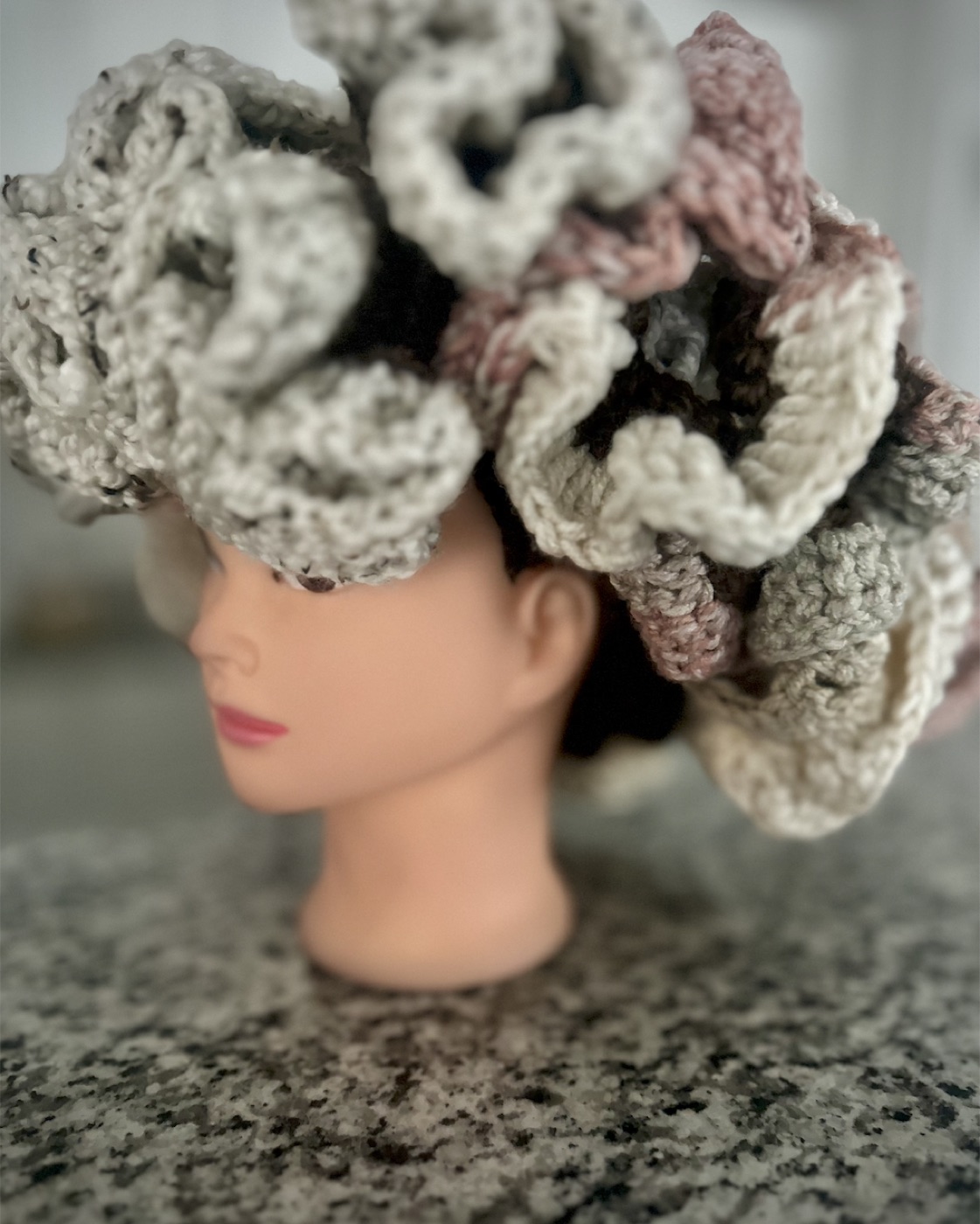 Side view showing the layered blush and cream ruffles